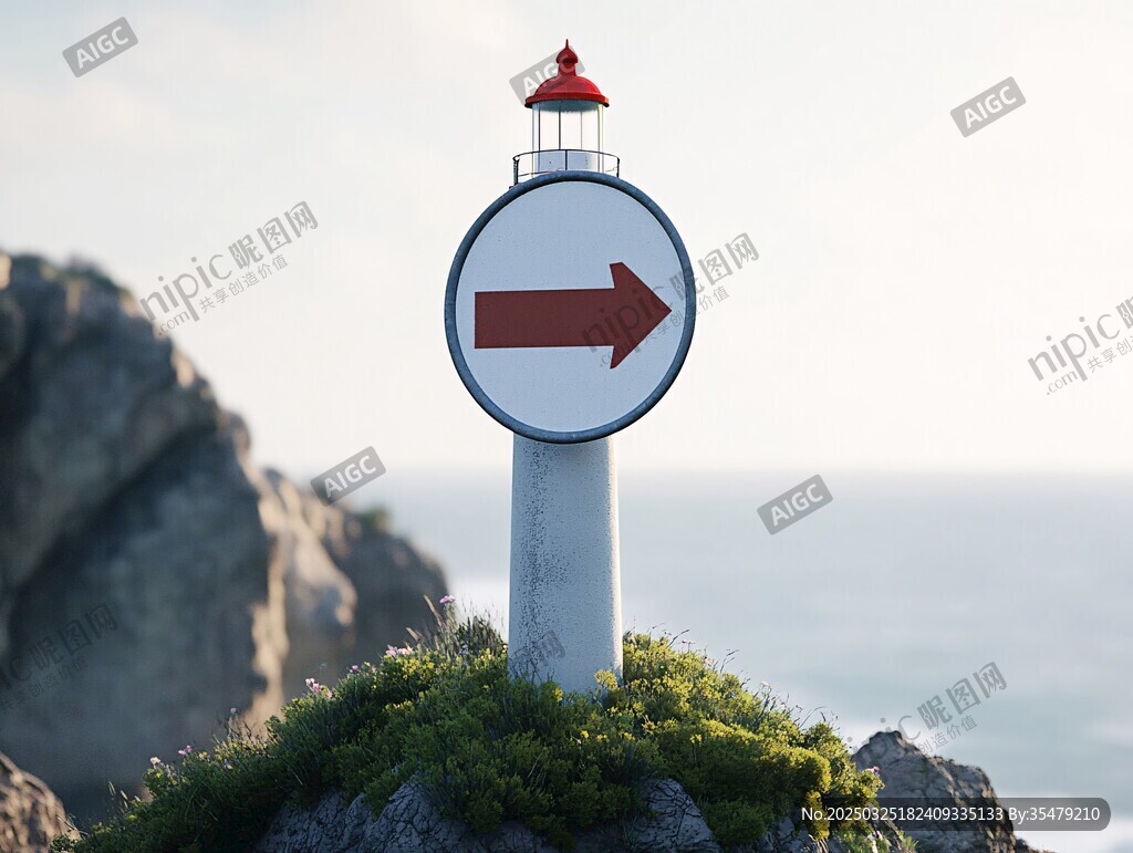 海邊指路燈塔與方向箭頭