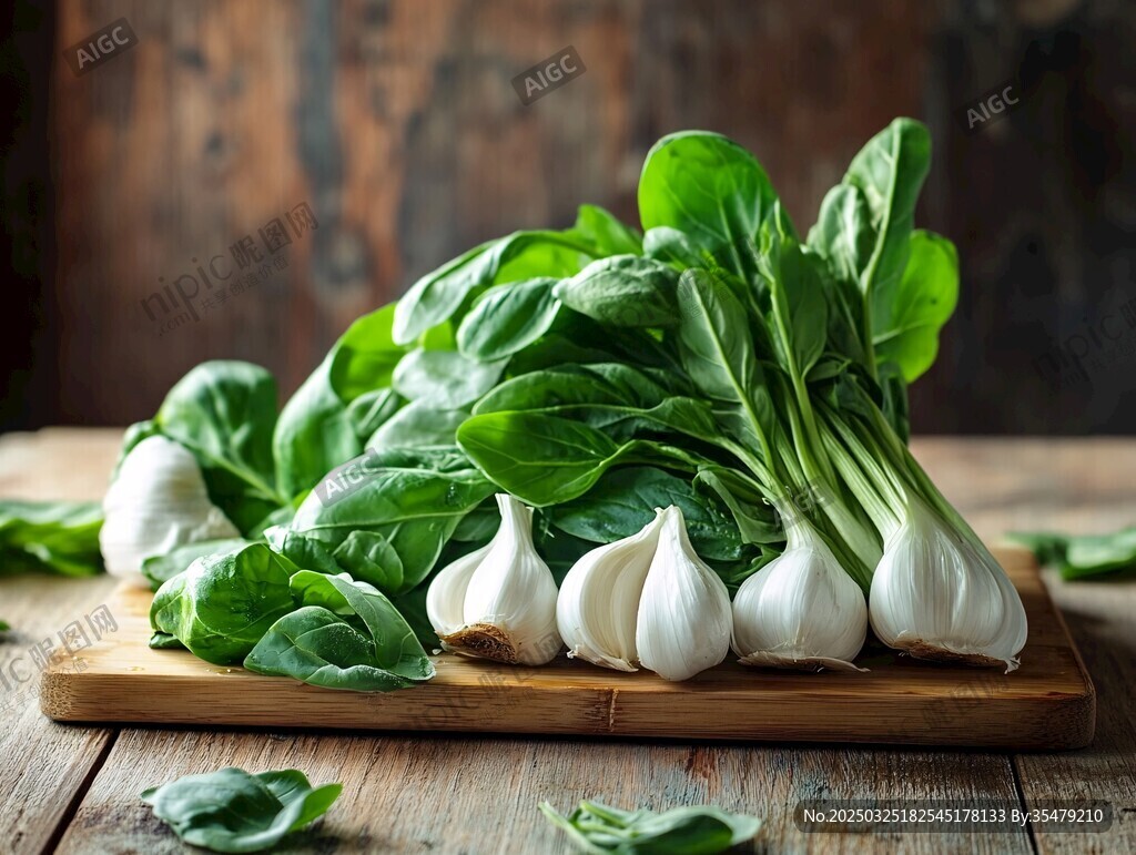 木盤上的新鮮青菜與大蒜