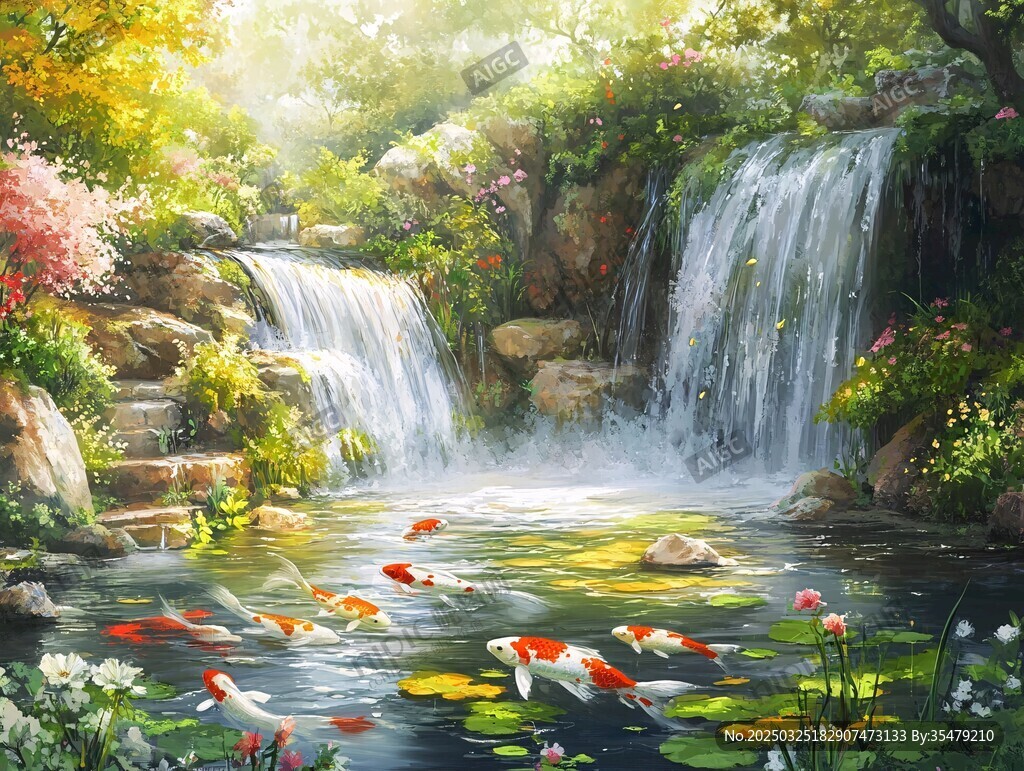 山間錦鯉瀑布詩意美景