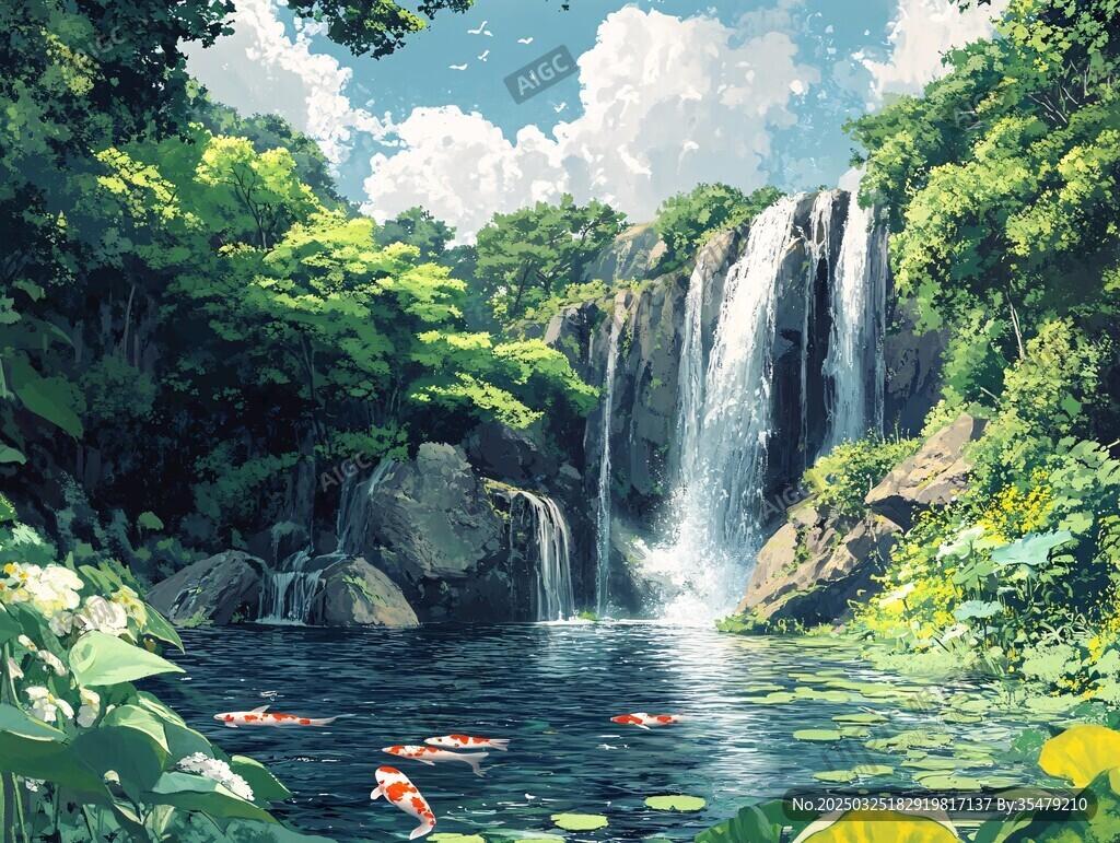 山林瀑布下的錦鯉悠游