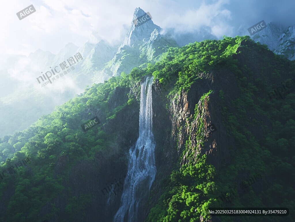 山間飛瀑 綠意盎然的峰景