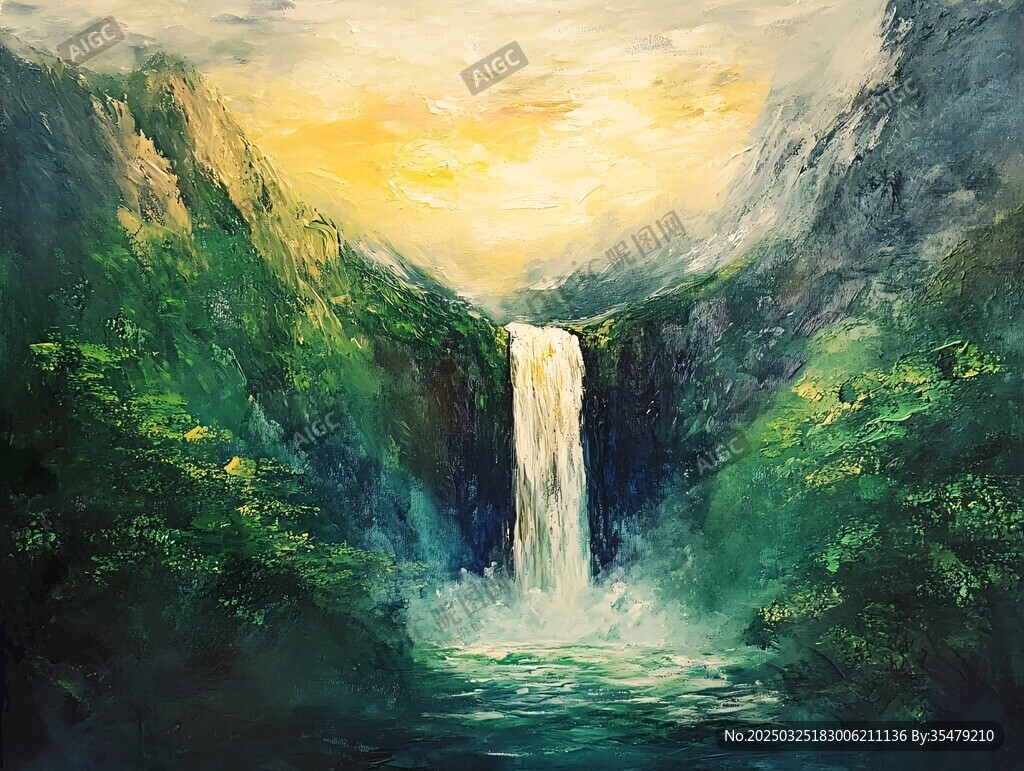 山間壯麗瀑布油畫景觀