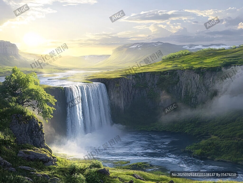 壯美山間瀑布日出美景