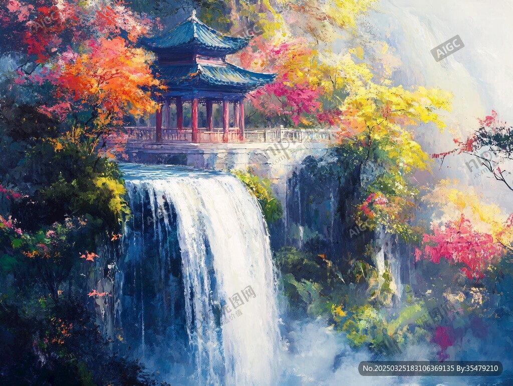 秋景中的亭臺(tái)瀑布奇觀