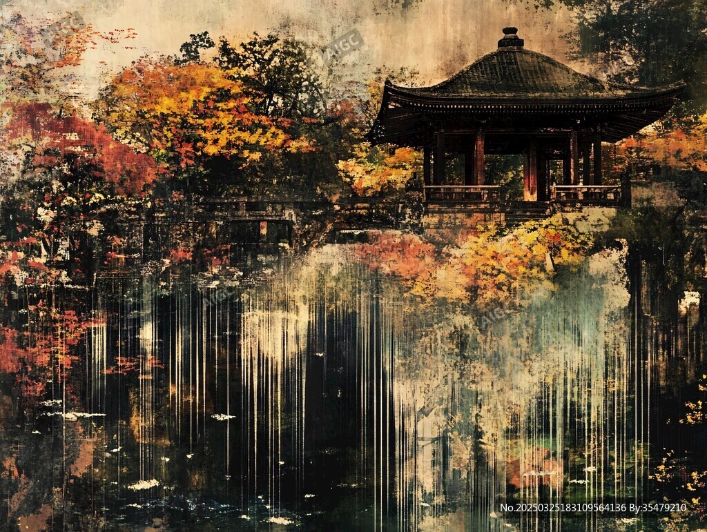 秋景中式亭閣瀑布水墨畫