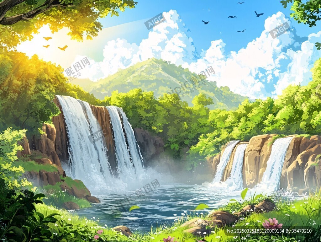 夢幻山林瀑布自然美景圖