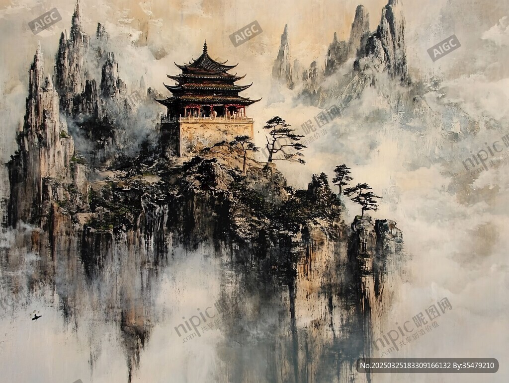 水墨山水間的古風樓閣