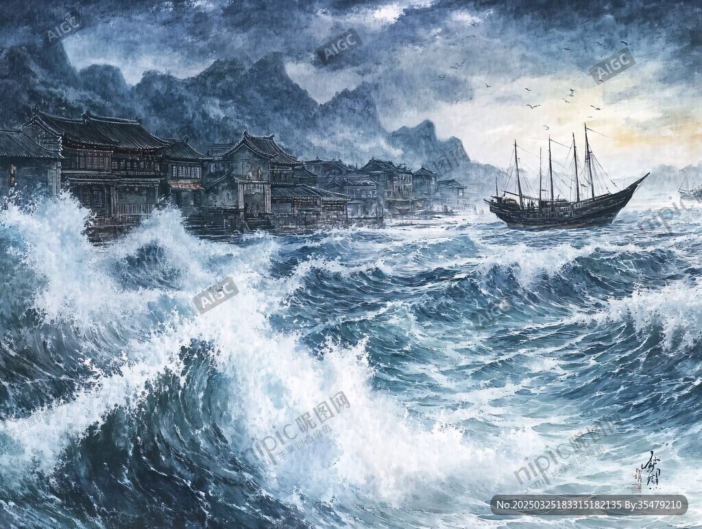 海上風(fēng)暴中的船只與漁村