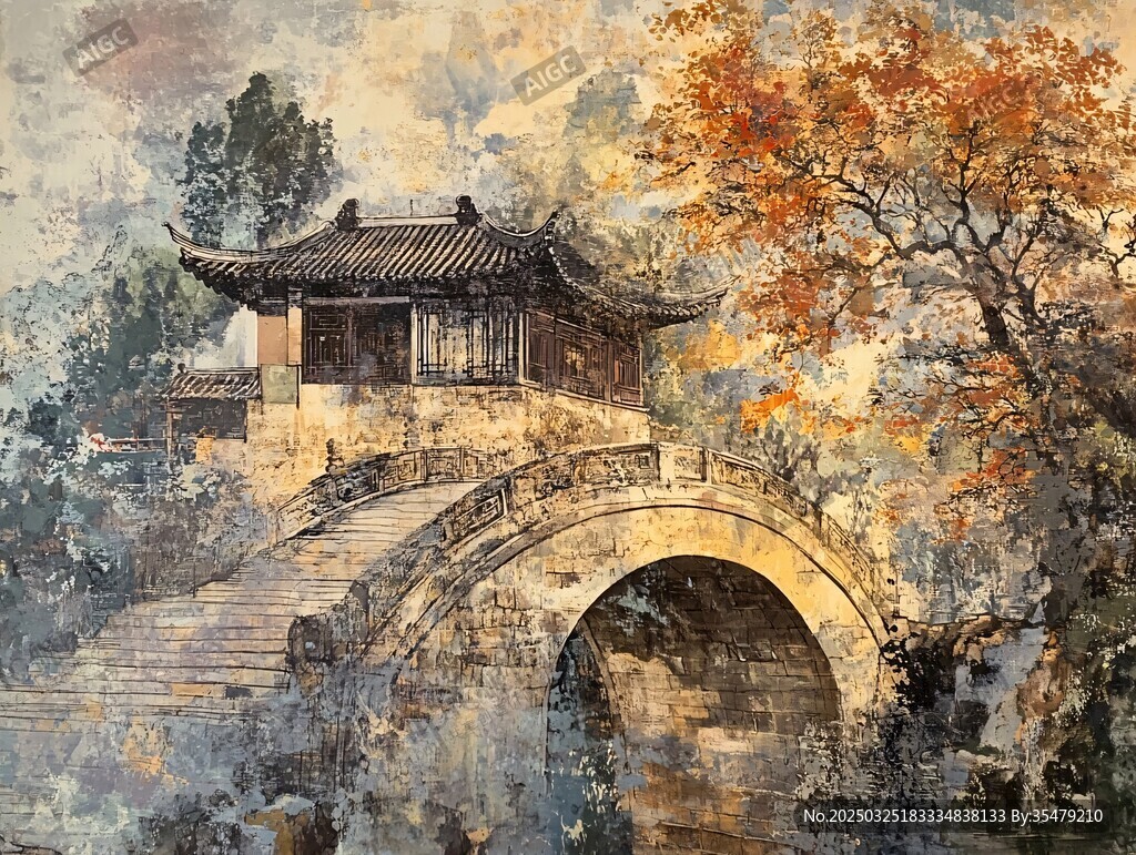 古橋樓閣秋景中式水墨畫