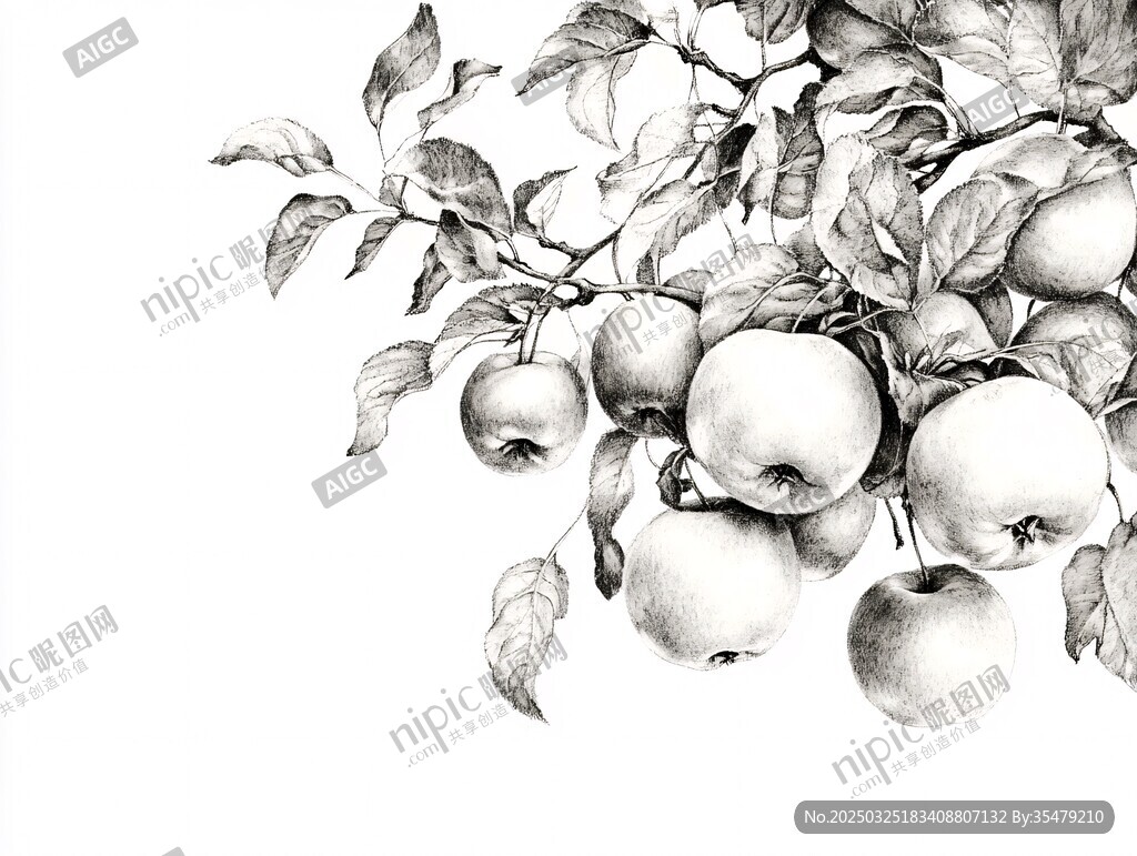 枝頭碩果 黑白素描蘋果圖