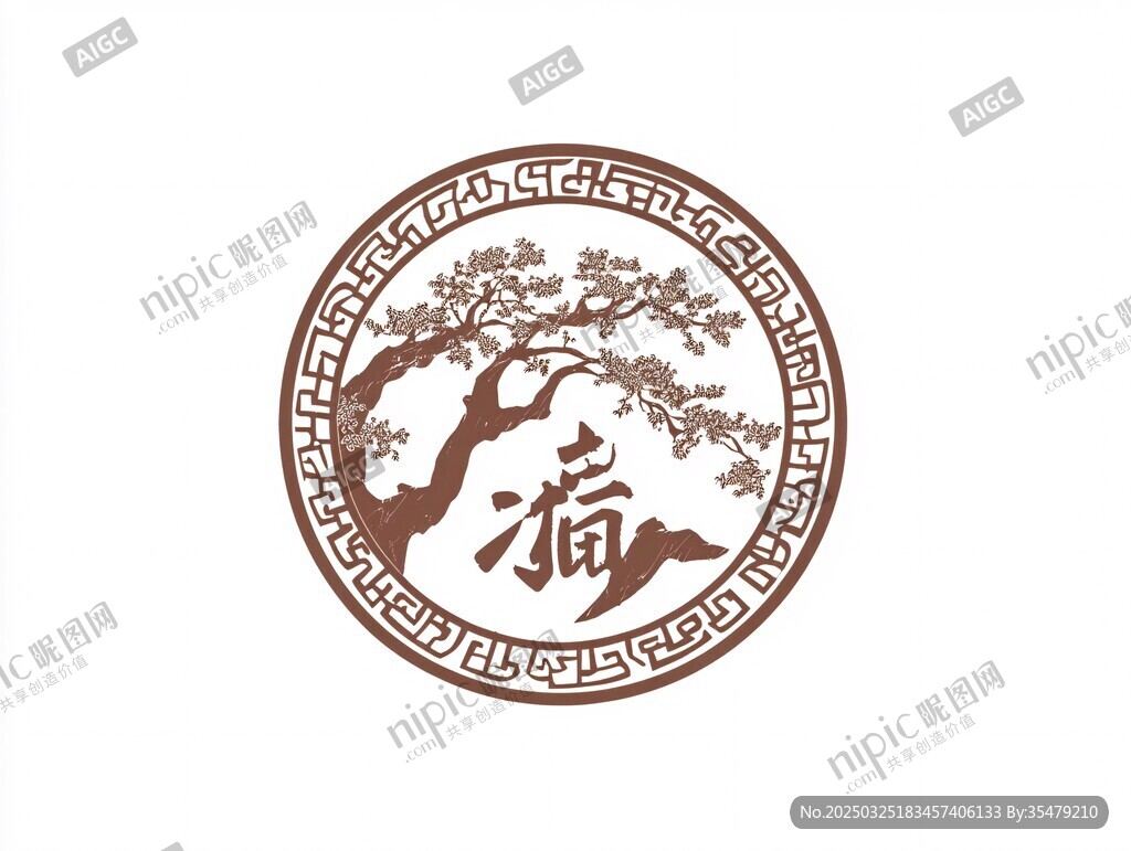 中式圓形松壽圖案設計