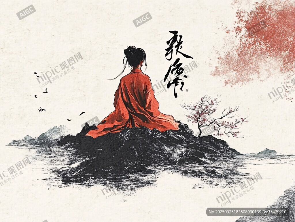 紅衣女子獨坐山水間
