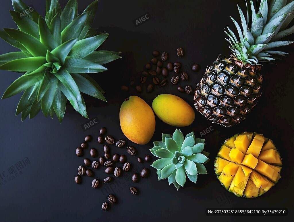 菠蘿芒果與多肉的靜物組合
