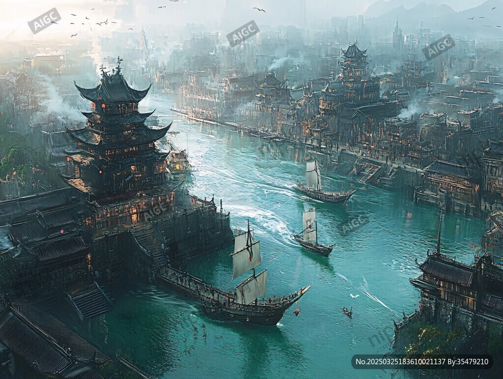 古風河畔繁華水上古城景