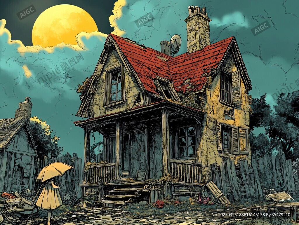 夢幻黃昏下的破舊小屋