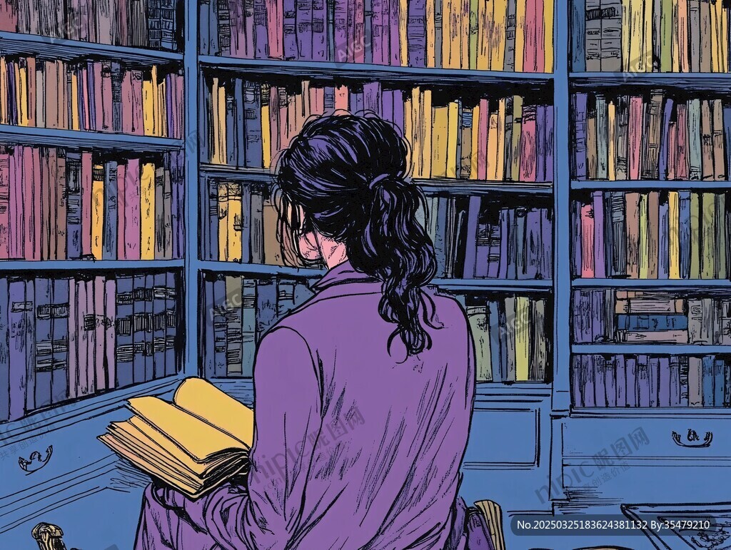 女孩在書架前專注讀書