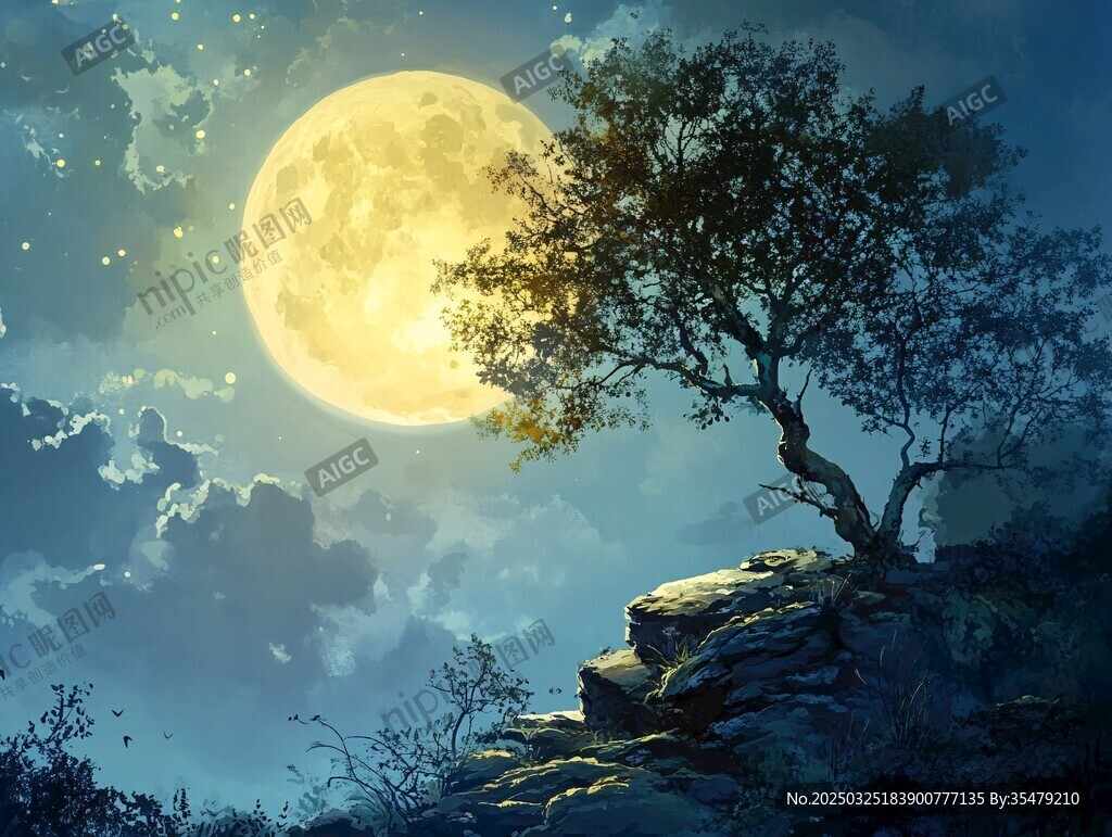 月夜孤樹夢幻美景