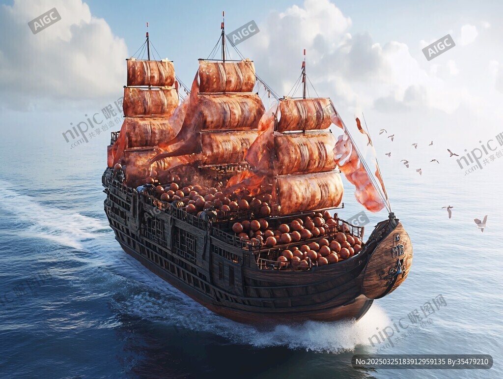 古代帆船破浪前行海上圖景