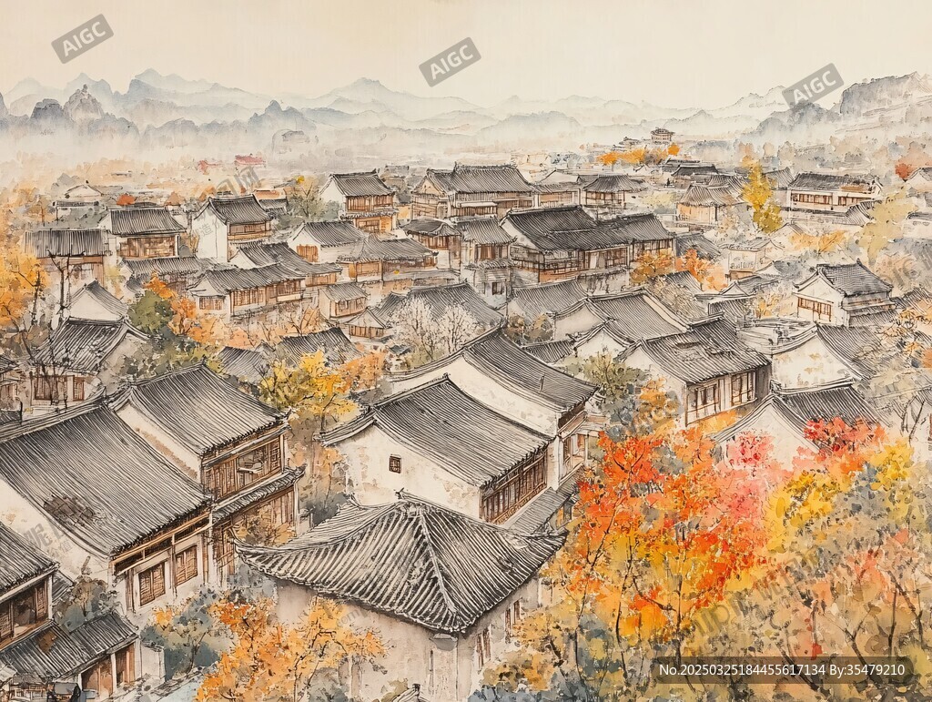 秋日古村落全景