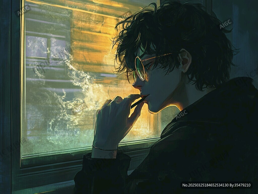 窗邊沉思的卷發(fā)眼鏡少年