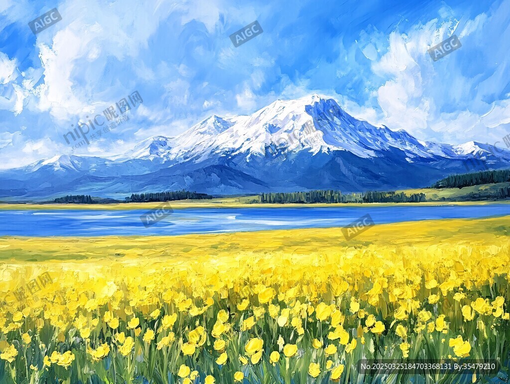 雪山下的金黃花海美景