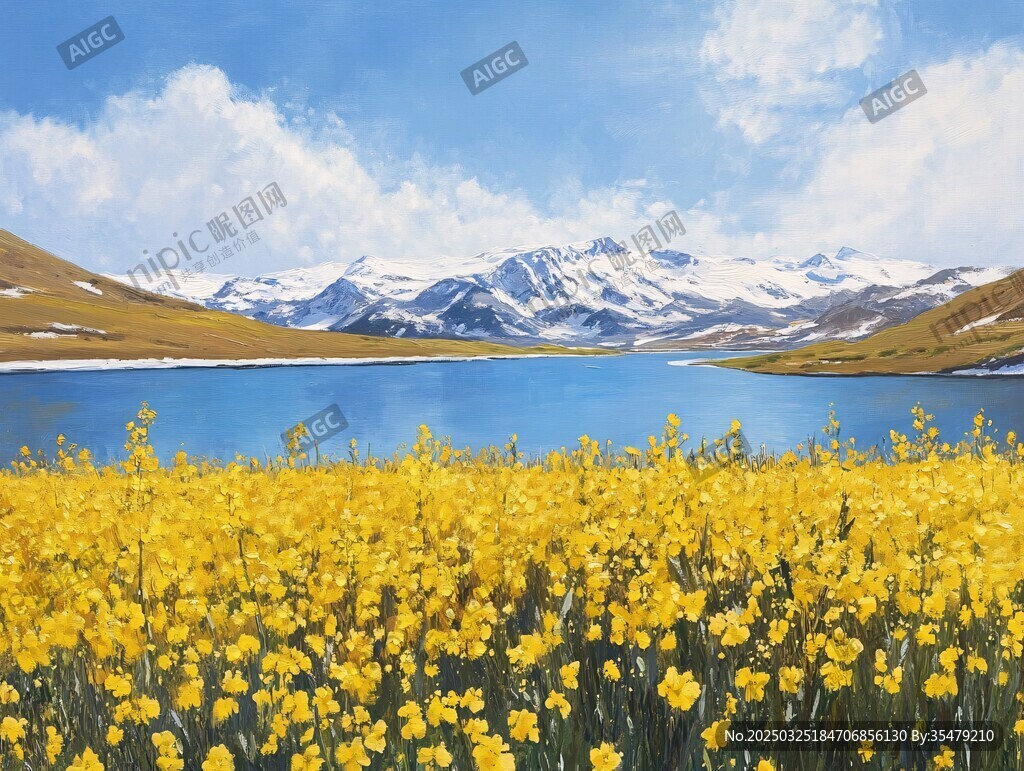 湖畔油菜花與雪山美景