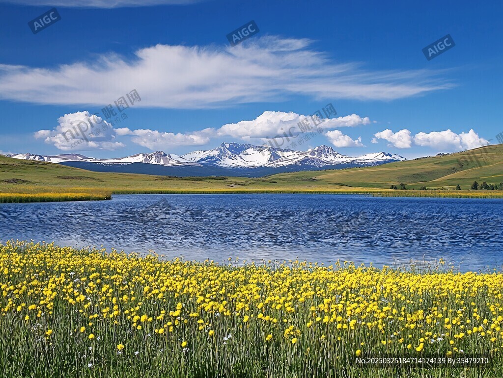湖畔黃花與遠(yuǎn)山雪峰美景