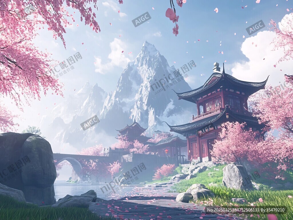 春日古風山水樓閣美景