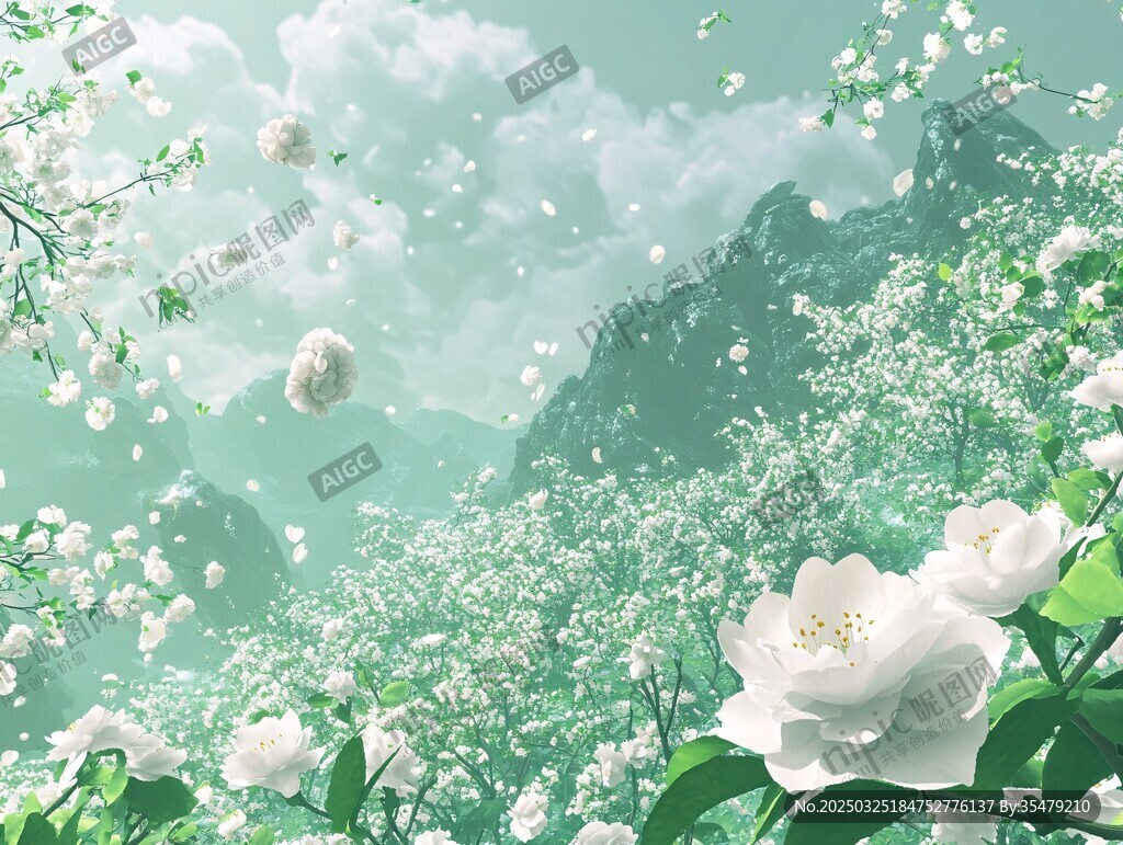 春日繁花盛開的夢幻山景