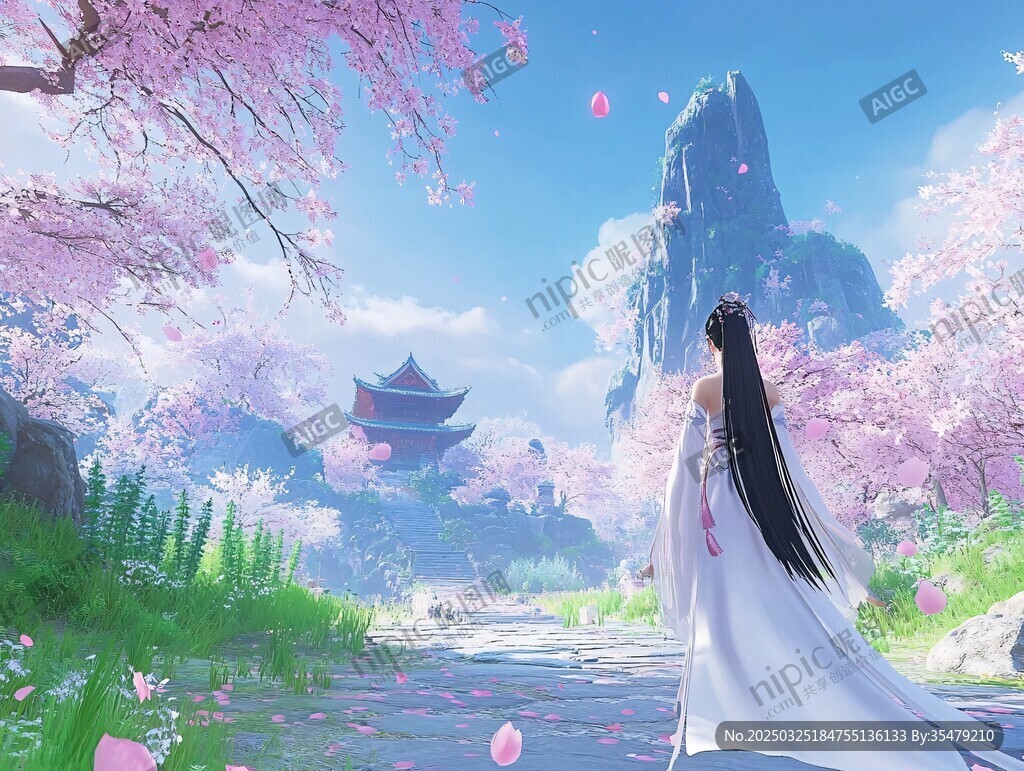 白衣女子漫步爛漫櫻花景