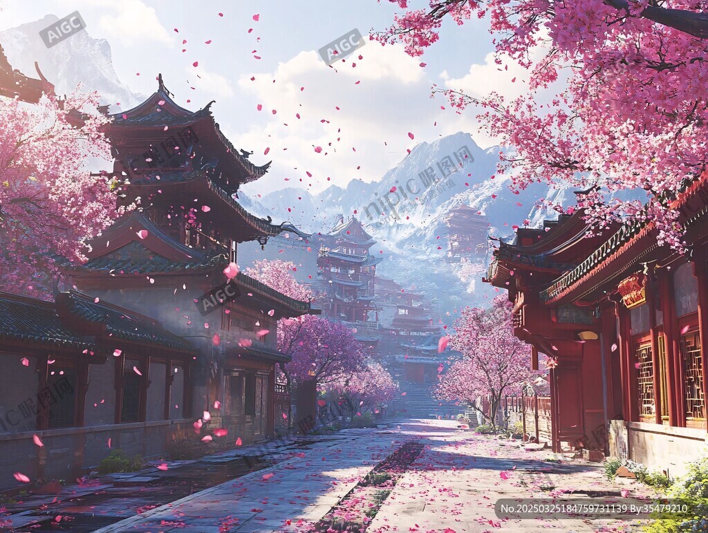 古風春日落花古街美景