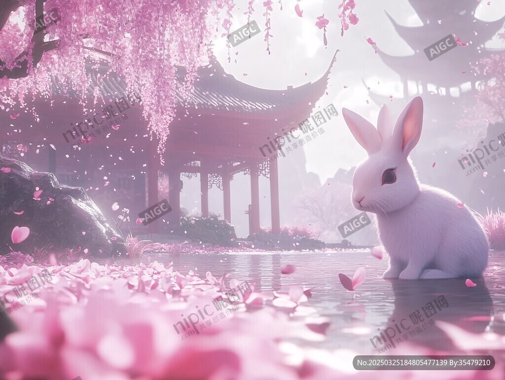 粉櫻下的白兔與古風景致
