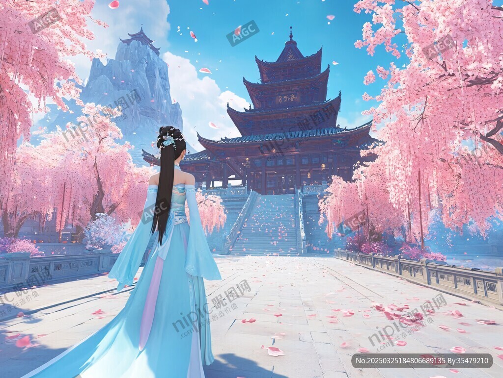 藍衣女子漫步古風爛漫景