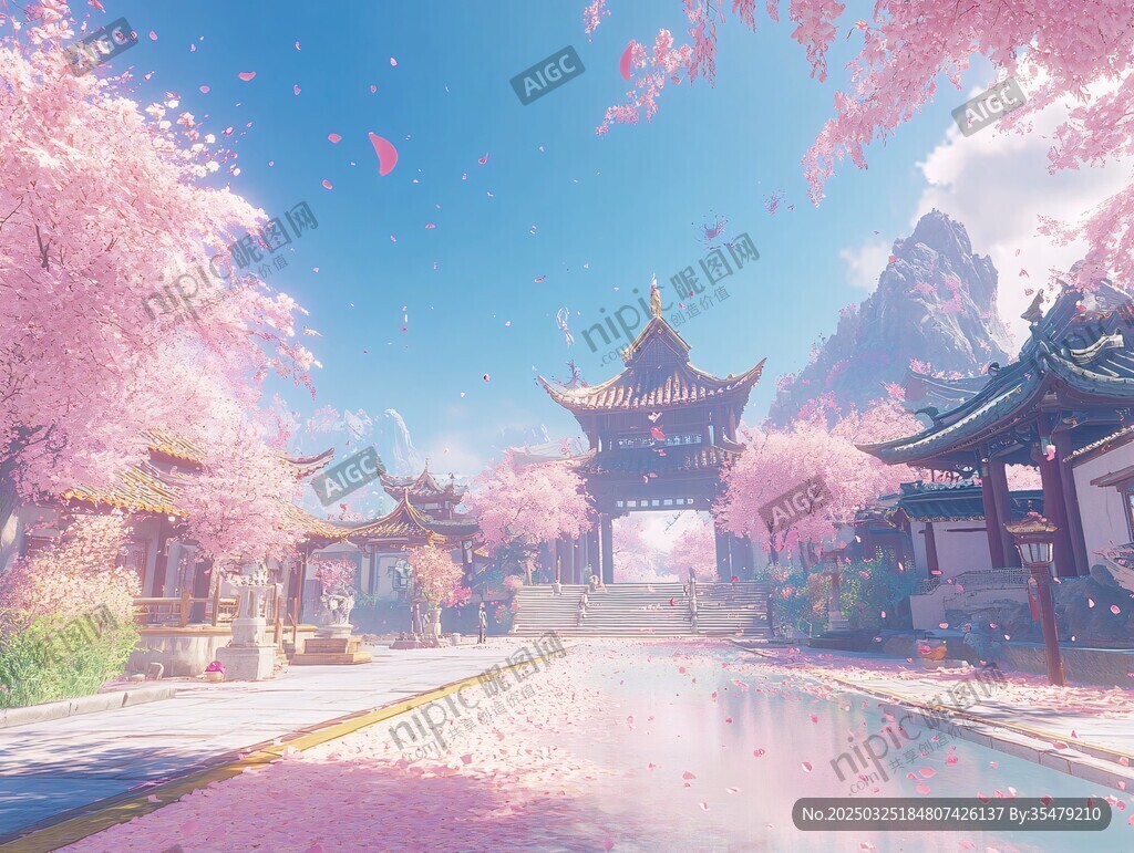 夢(mèng)幻古風(fēng)櫻花庭院景致