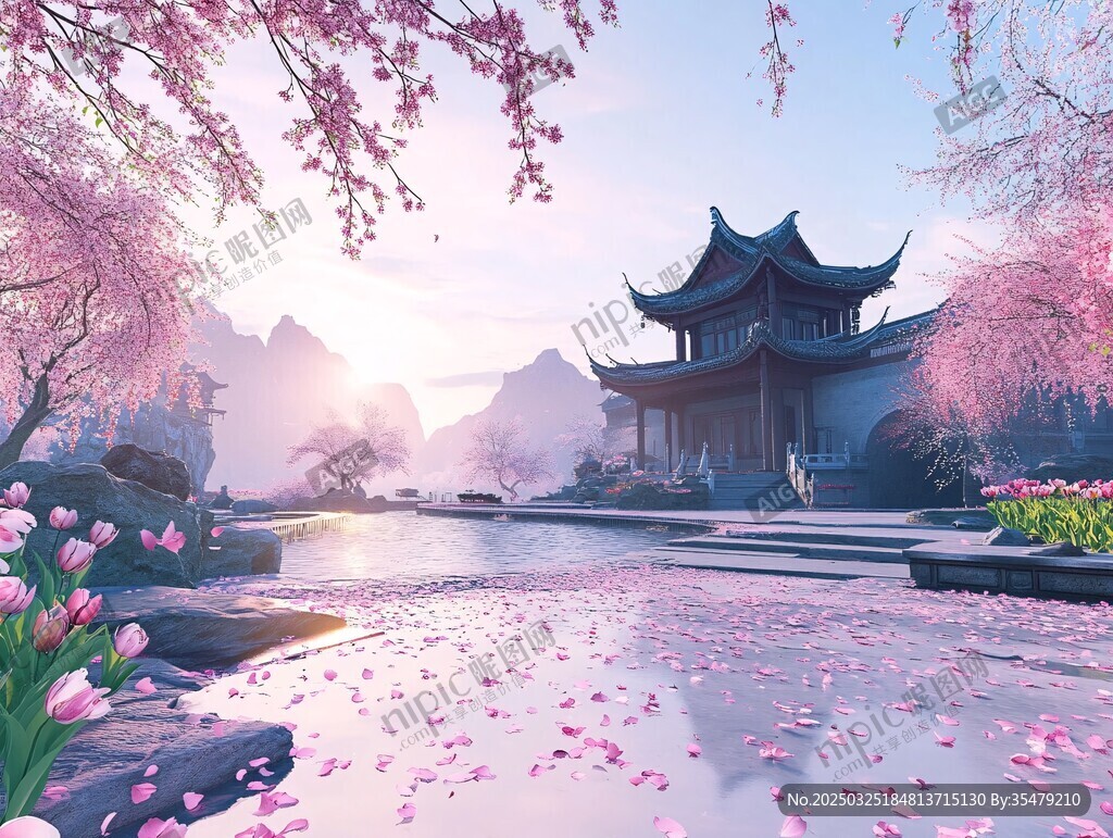 春日古風亭畔落花美景