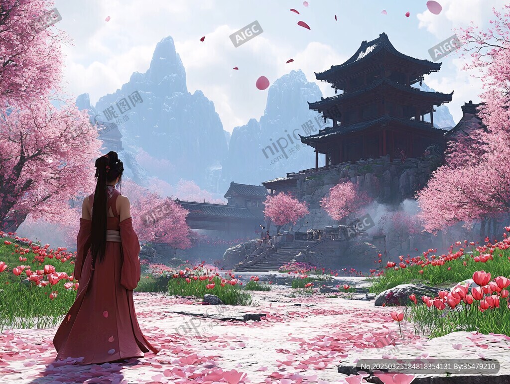 紅衣女子漫步古風桃源