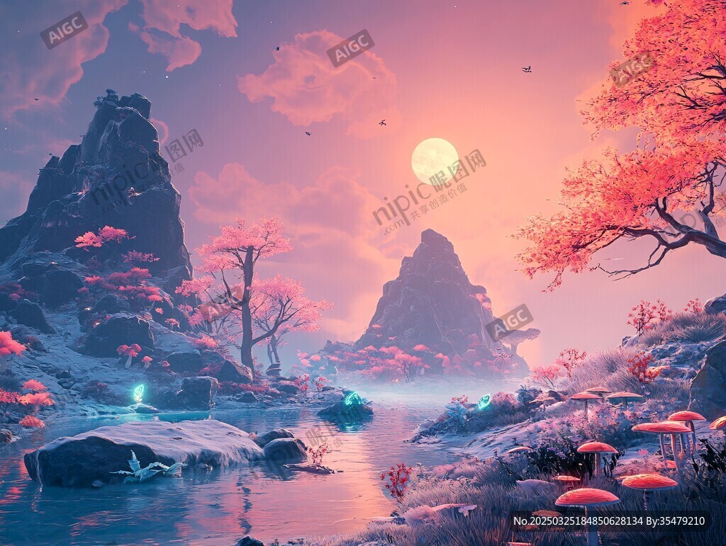 夢幻粉色奇幻山水風景圖
