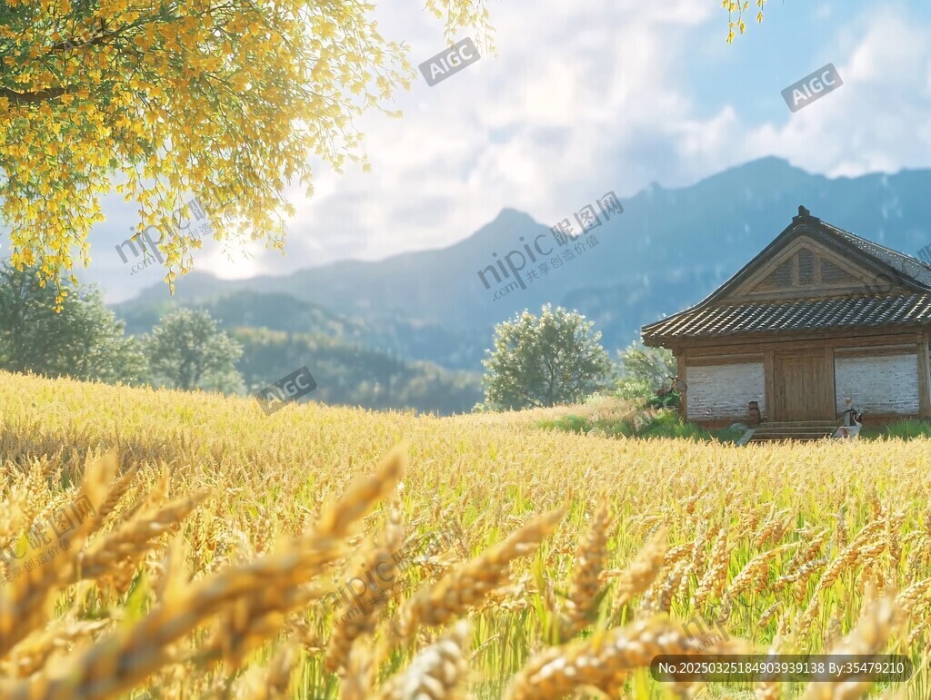 秋日麥田旁的古樸小屋