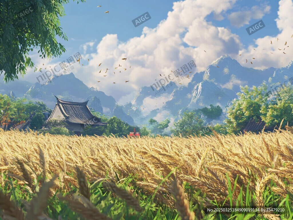 田園麥田旁的中式古風美景
