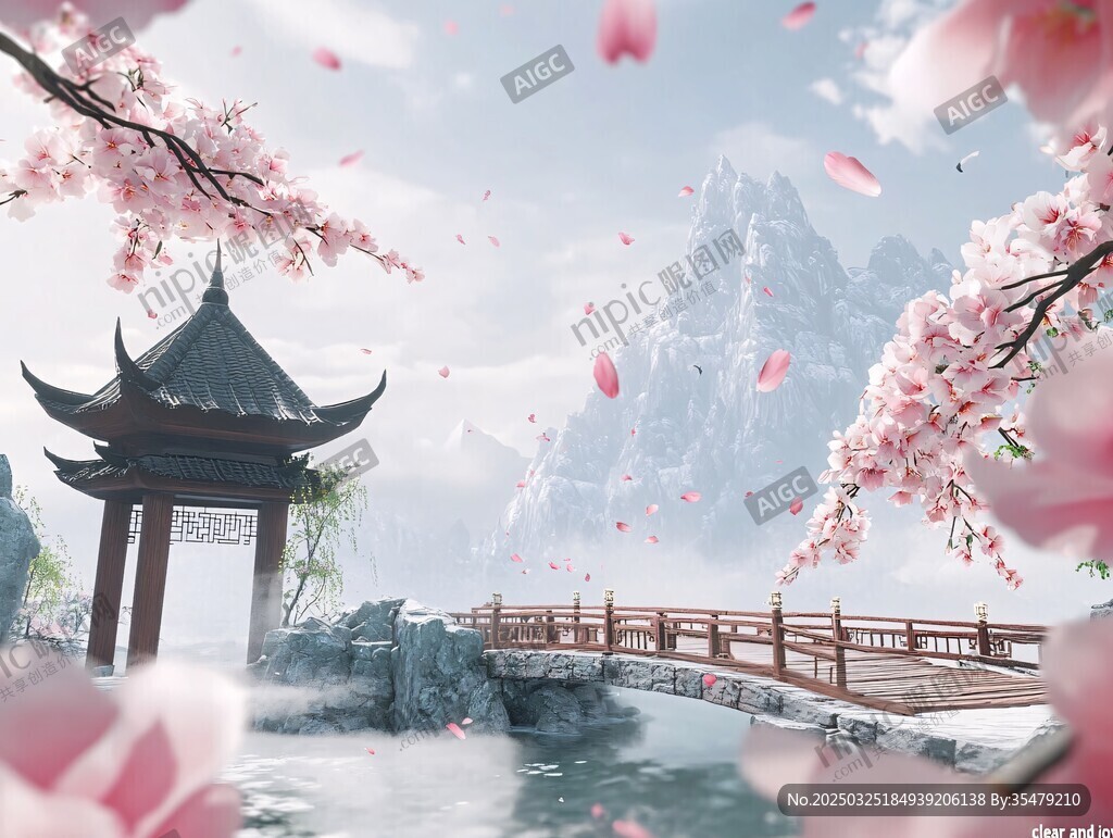 古風(fēng)亭橋落英山水美景