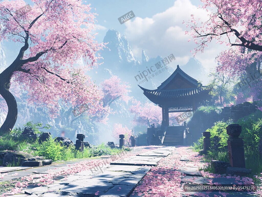 櫻花古亭下的詩意山水