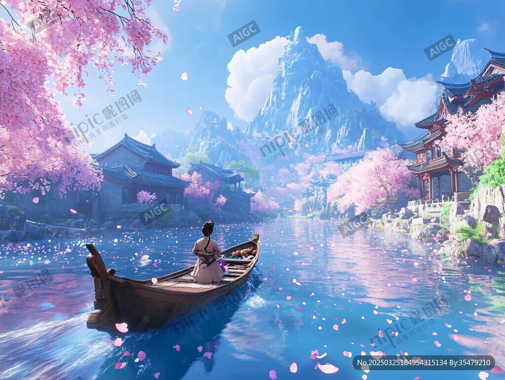 古風(fēng)泛舟賞景春日圖