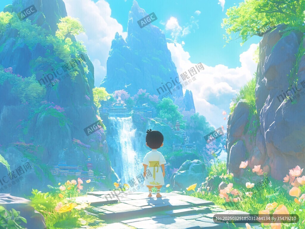 孩童漫步奇幻山水之間