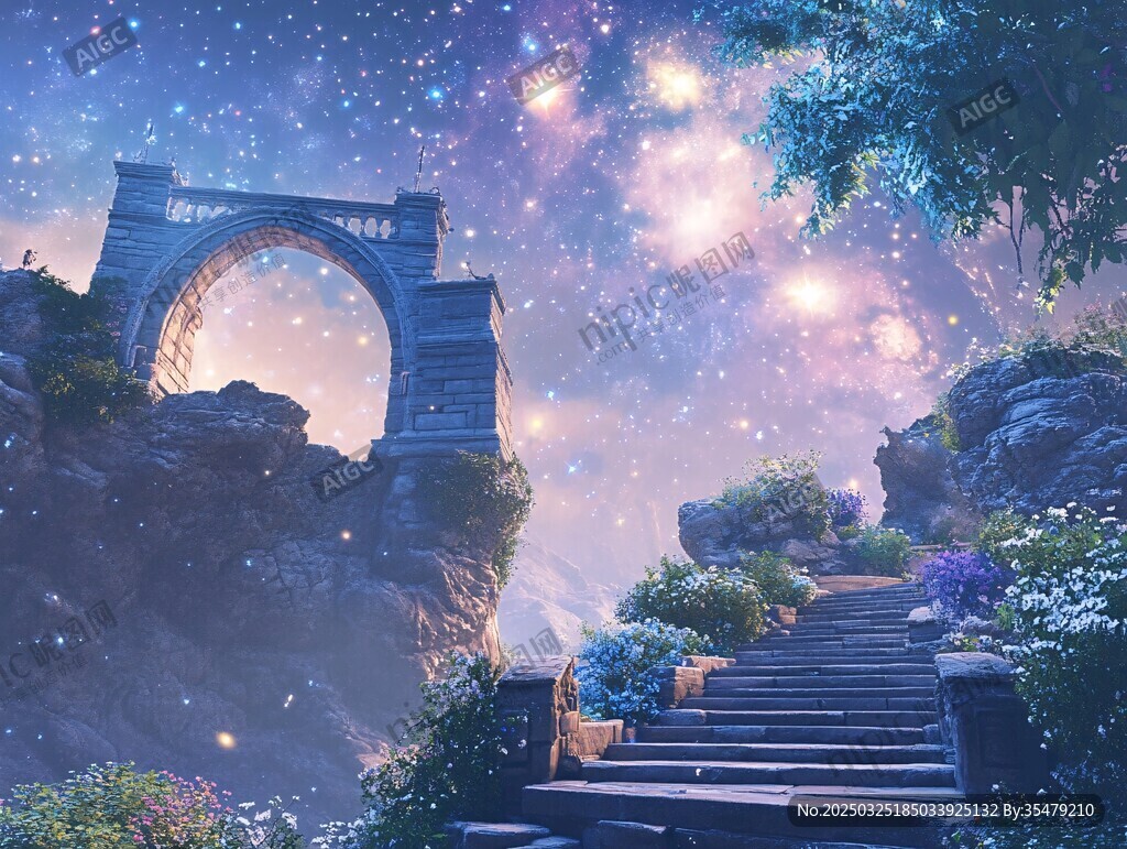 夢幻星空下的神秘石拱步道