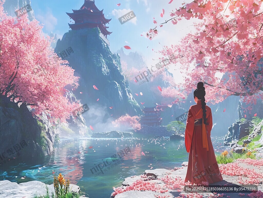 紅衣佳人賞爛漫櫻花盛景
