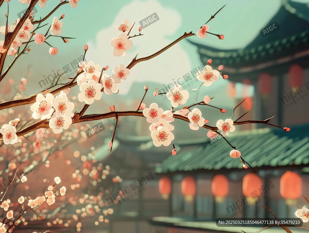 古風(fēng)庭院中的爛漫花枝