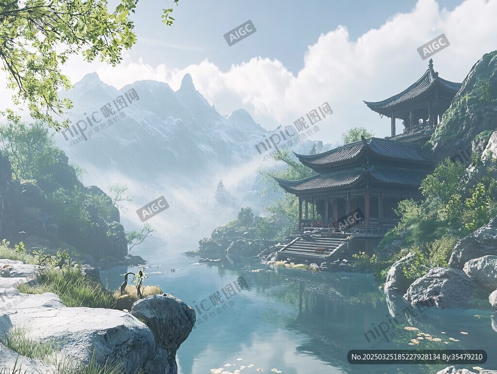 古風山水間的靜謐亭閣