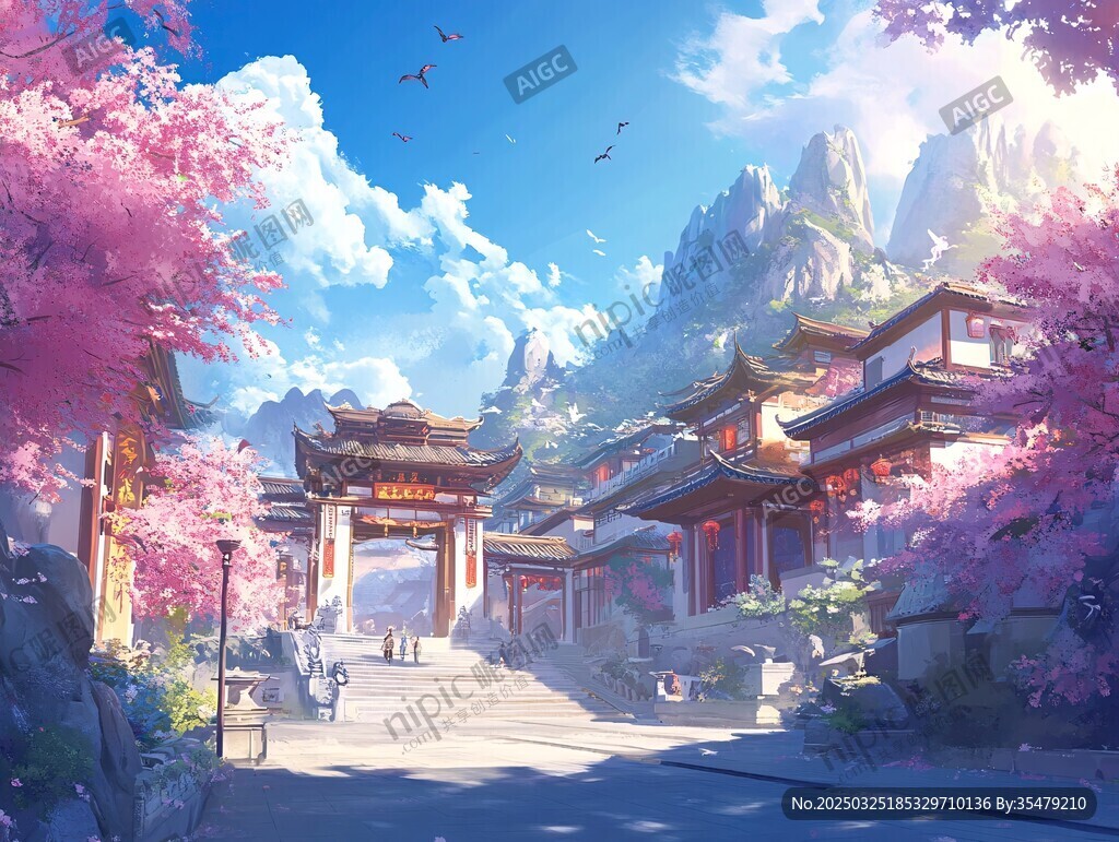 古風(fēng)桃源小鎮(zhèn)春日盛景