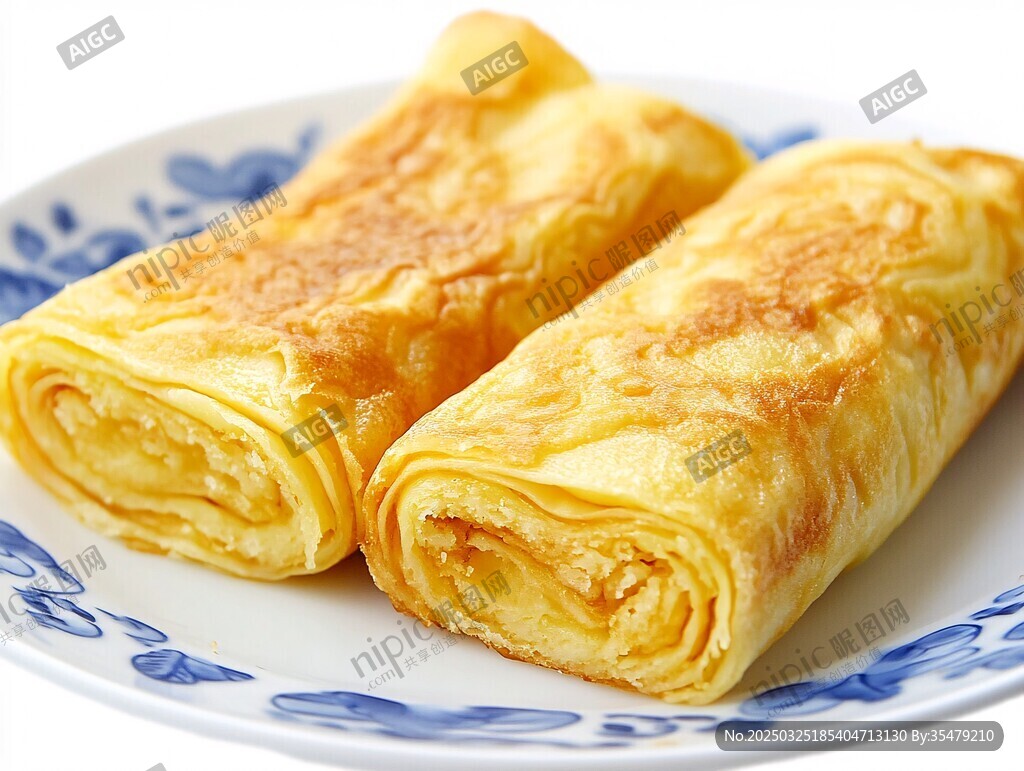 美味蛋卷置于青花盤上