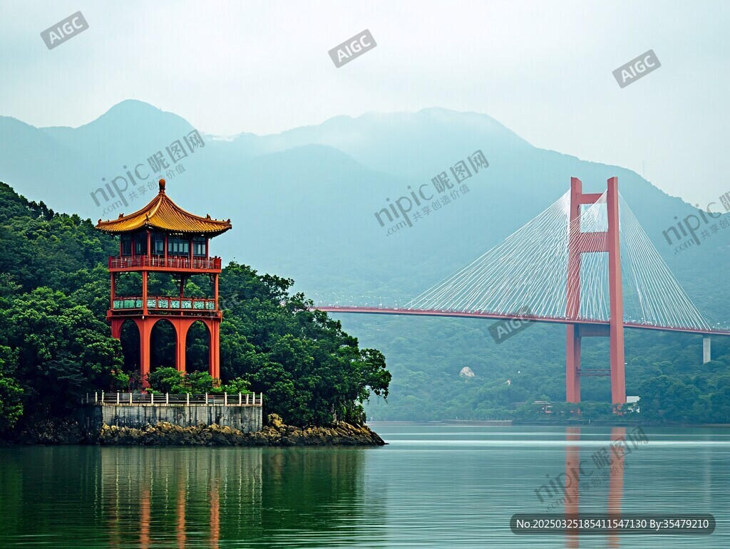 江邊紅亭與大橋秀麗景致